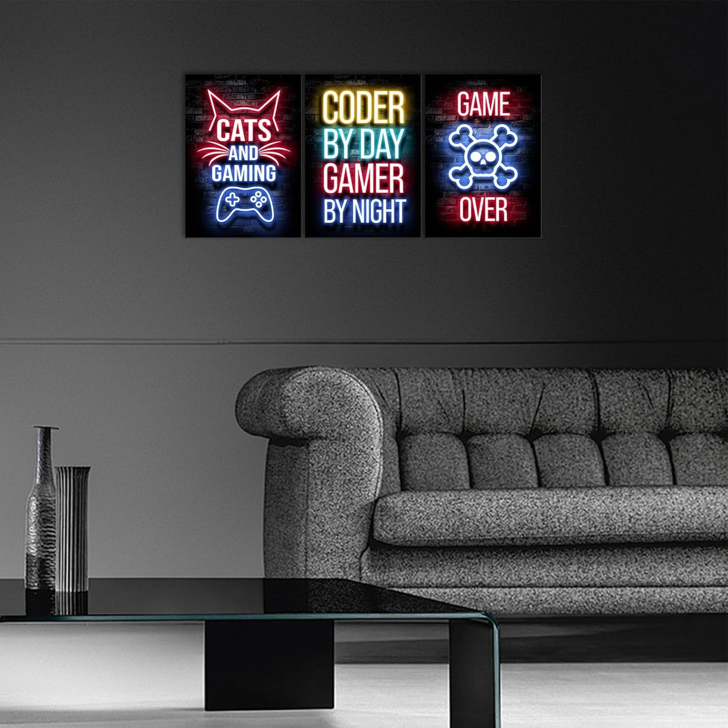 Game Room Canvas Wall Art, Gaming & Chill Wall Art Print Wall Decor,Neon Gaming Posters for Kids Teenage Boys Game Room Playroom Bedroom Decoration Ready to Hang Gifts for Gamers