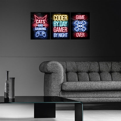 Game Room Canvas Wall Art, Gaming & Chill Wall Art Print Wall Decor,Neon Gaming Posters for Kids Teenage Boys Game Room Playroom Bedroom Decoration Ready to Hang Gifts for Gamers