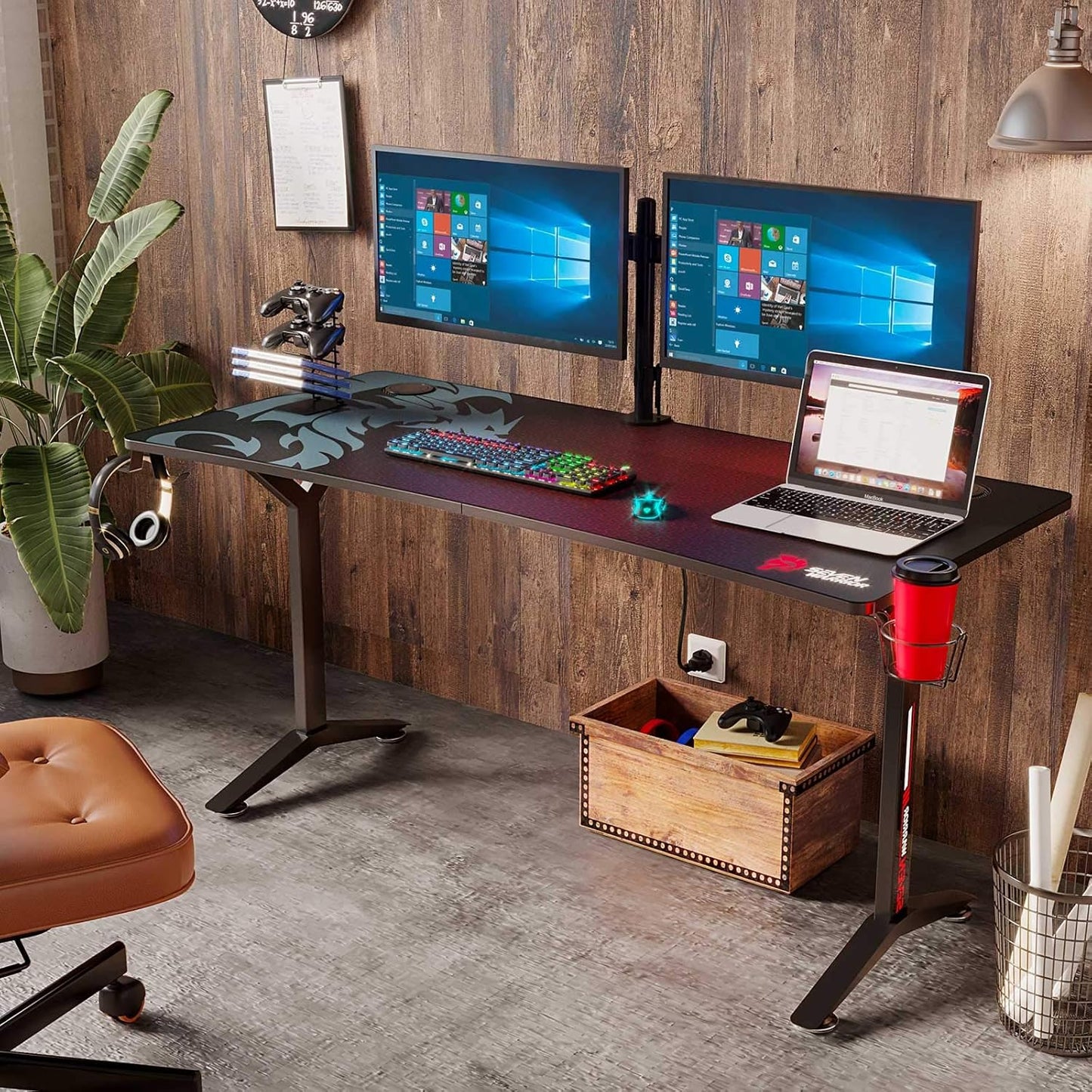 Gaming Desk 60INCH with Dual Monitor Mount, Carbon Fiber Surface Gamer Desk with Full Desk Mouse Pad, Ergonomic Y Shaped Gamer Table with Outlet Organizer, Gaming Rack