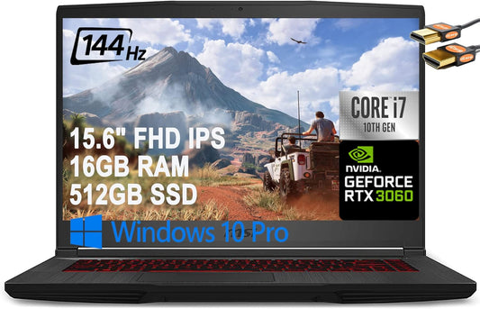 GF65 Thin Gaming Laptop 15.6" FHD IPS 144Hz Display 10Th Gen Intel Hexa-Core I7-10750H 16GB RAM 512GB SSD Geforce RTX 3060 6GB Backlit USB-C Nahimic Win10 Pro Black + HDMI Cable