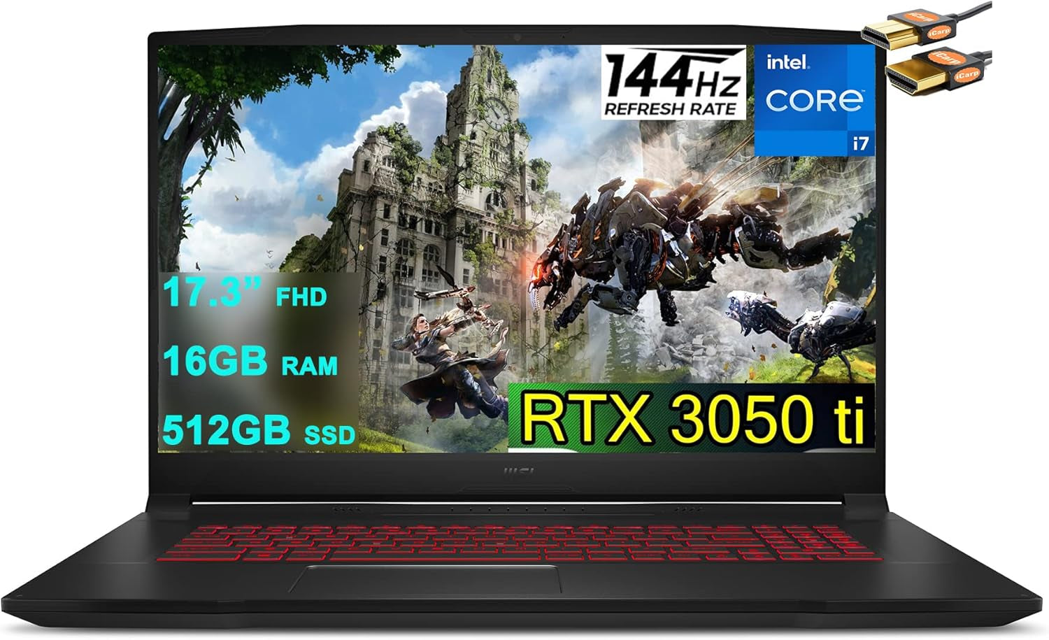 Katana GF76 17 Gaming Laptop 17.3” FHD IPS 144Hz Display 11Th Gen Intel 8-Core I7-11800H 16GB RAM 512GB SSD Geforce RTX 3050 Ti 4GB Backlit USB-C Nahimic Win10 Black + HDMI Cable