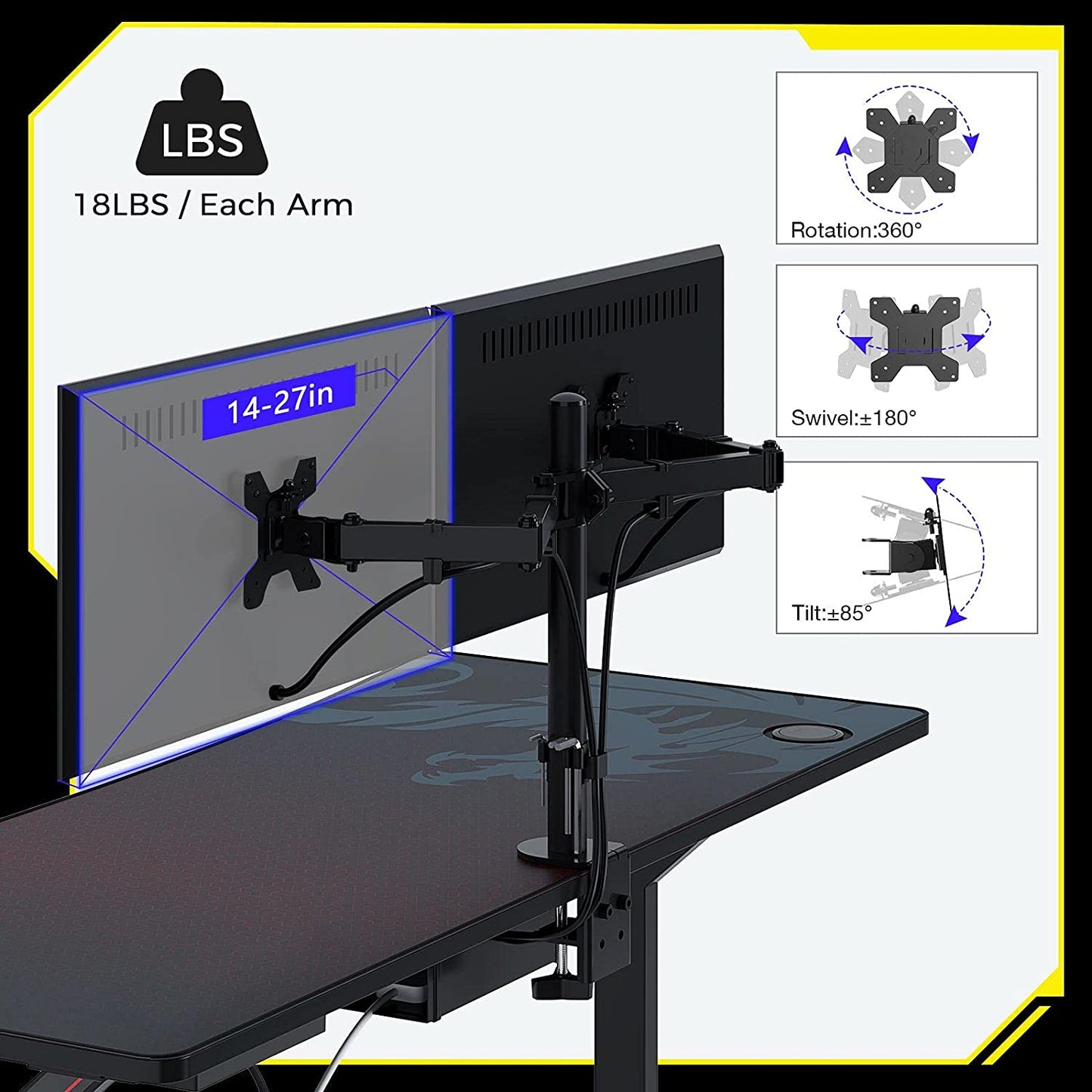 Gaming Desk 60INCH with Dual Monitor Mount, Carbon Fiber Surface Gamer Desk with Full Desk Mouse Pad, Ergonomic Y Shaped Gamer Table with Outlet Organizer, Gaming Rack
