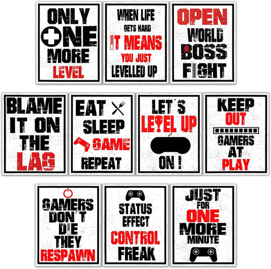10 Pieces Funny Gaming Art Print Poster Inspirational Words Quote Poster Bedroom Wall Gaming Art Picture for Kids Boy Bedroom Playroom Home Decoration, No Frames (Red and Black, 8 X 10 Inch)