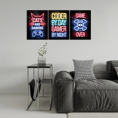 Game Room Canvas Wall Art, Gaming & Chill Wall Art Print Wall Decor,Neon Gaming Posters for Kids Teenage Boys Game Room Playroom Bedroom Decoration Ready to Hang Gifts for Gamers