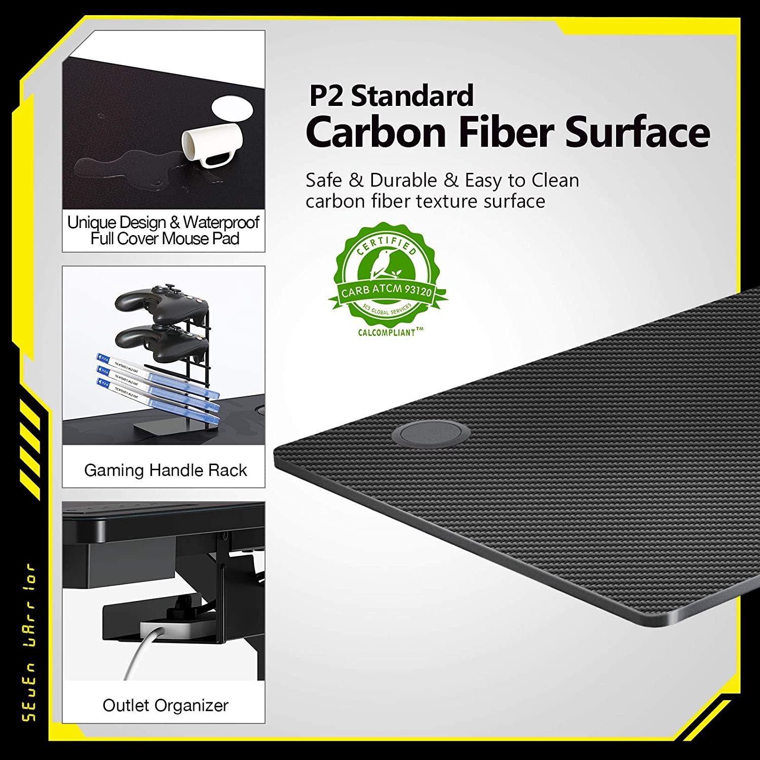 Gaming Desk 60INCH with Dual Monitor Mount, Carbon Fiber Surface Gamer Desk with Full Desk Mouse Pad, Ergonomic Y Shaped Gamer Table with Outlet Organizer, Gaming Rack