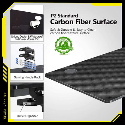 Gaming Desk 60INCH with Dual Monitor Mount, Carbon Fiber Surface Gamer Desk with Full Desk Mouse Pad, Ergonomic Y Shaped Gamer Table with Outlet Organizer, Gaming Rack