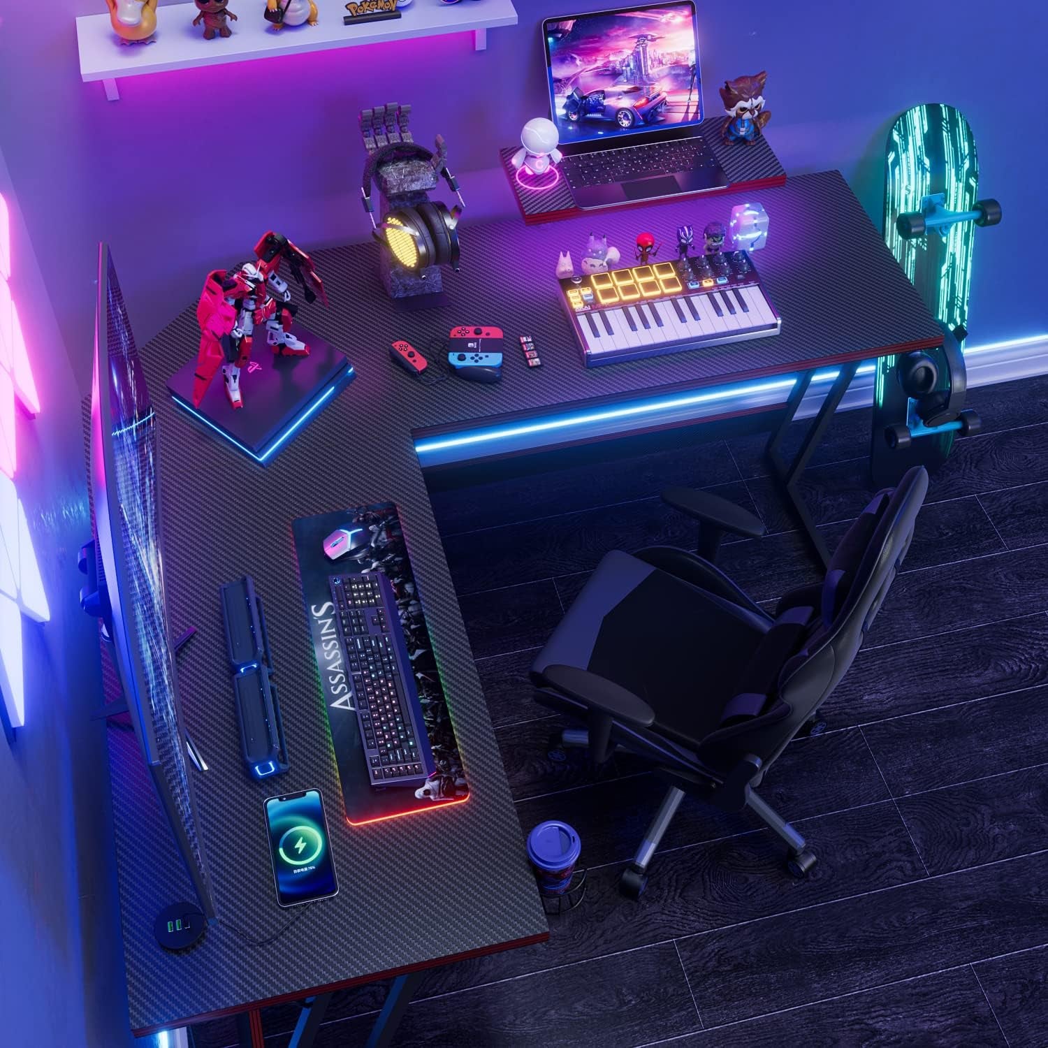 L Shaped Gaming Desk with LED Lights & Power Outlet, Fiber Surface Computer Table with Cup Holder & Headphone Hook, Black