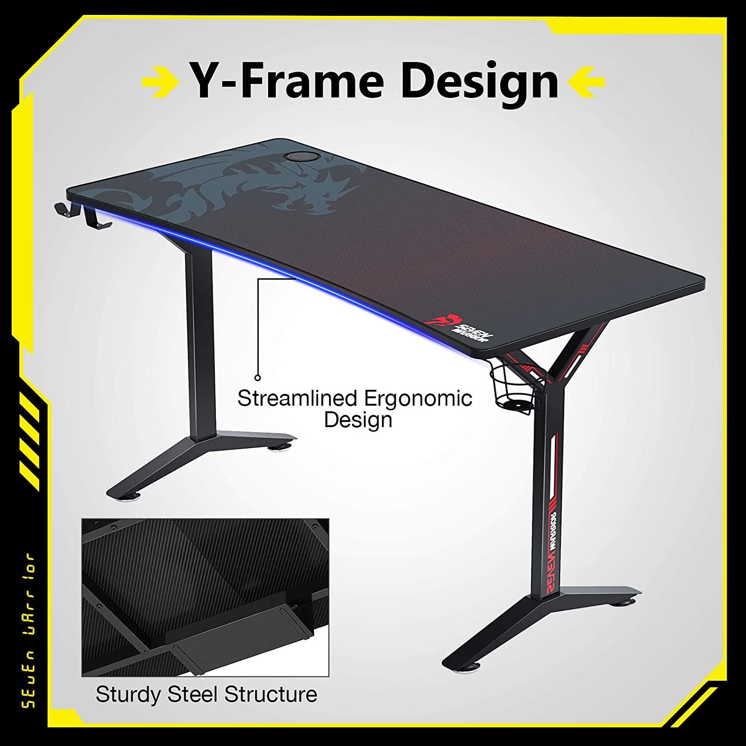 Gaming Desk 60INCH with Dual Monitor Mount, Carbon Fiber Surface Gamer Desk with Full Desk Mouse Pad, Ergonomic Y Shaped Gamer Table with Outlet Organizer, Gaming Rack