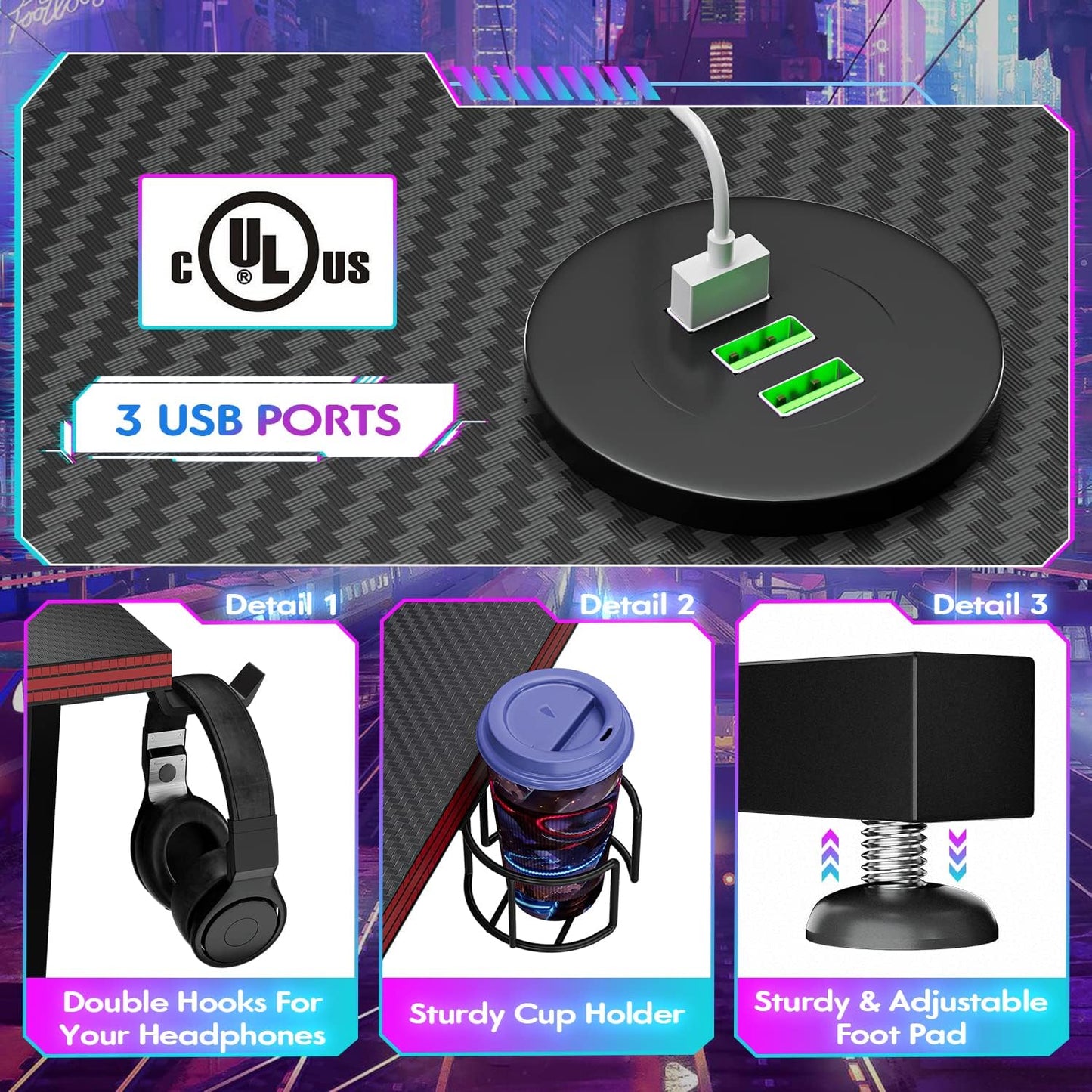 L Shaped Gaming Desk with LED Lights & Power Outlet, Fiber Surface Computer Table with Cup Holder & Headphone Hook, Black