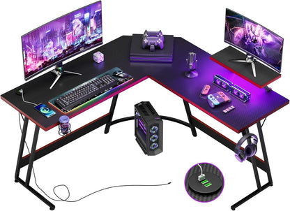 L Shaped Gaming Desk with LED Lights & Power Outlet, Fiber Surface Computer Table with Cup Holder & Headphone Hook, Black