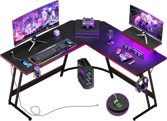 L Shaped Gaming Desk with LED Lights & Power Outlet, Fiber Surface Computer Table with Cup Holder & Headphone Hook, Black