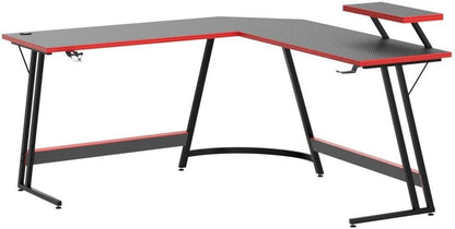 L Shaped Gaming Desk with LED Lights & Power Outlet, Fiber Surface Computer Table with Cup Holder & Headphone Hook, Black