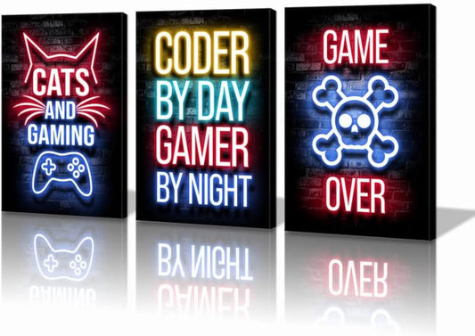 Game Room Canvas Wall Art, Gaming & Chill Wall Art Print Wall Decor,Neon Gaming Posters for Kids Teenage Boys Game Room Playroom Bedroom Decoration Ready to Hang Gifts for Gamers