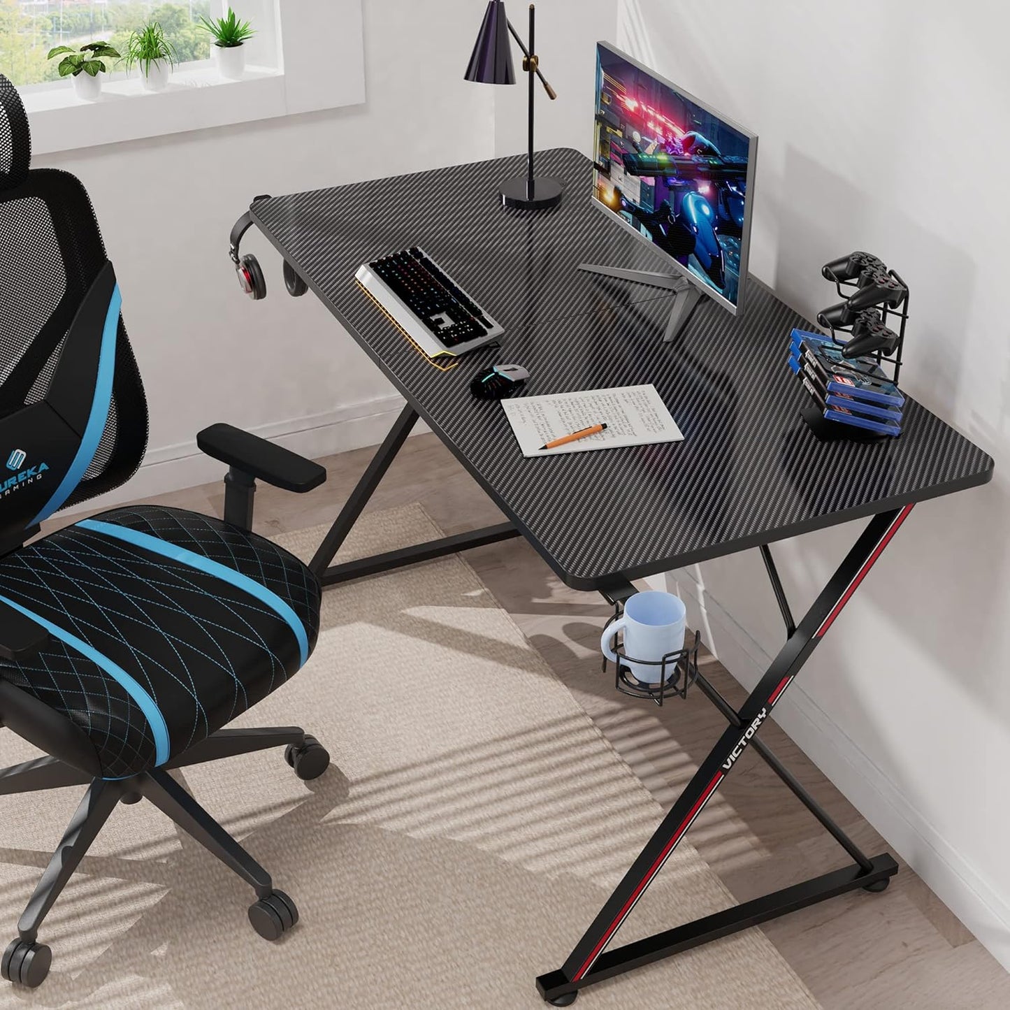Gaming Desk 47 Inch PC Computer Desk Home Office Student Desk X-Shaped with Mouse Pad Cup Holder Headphone Hook Handle Rack,Black