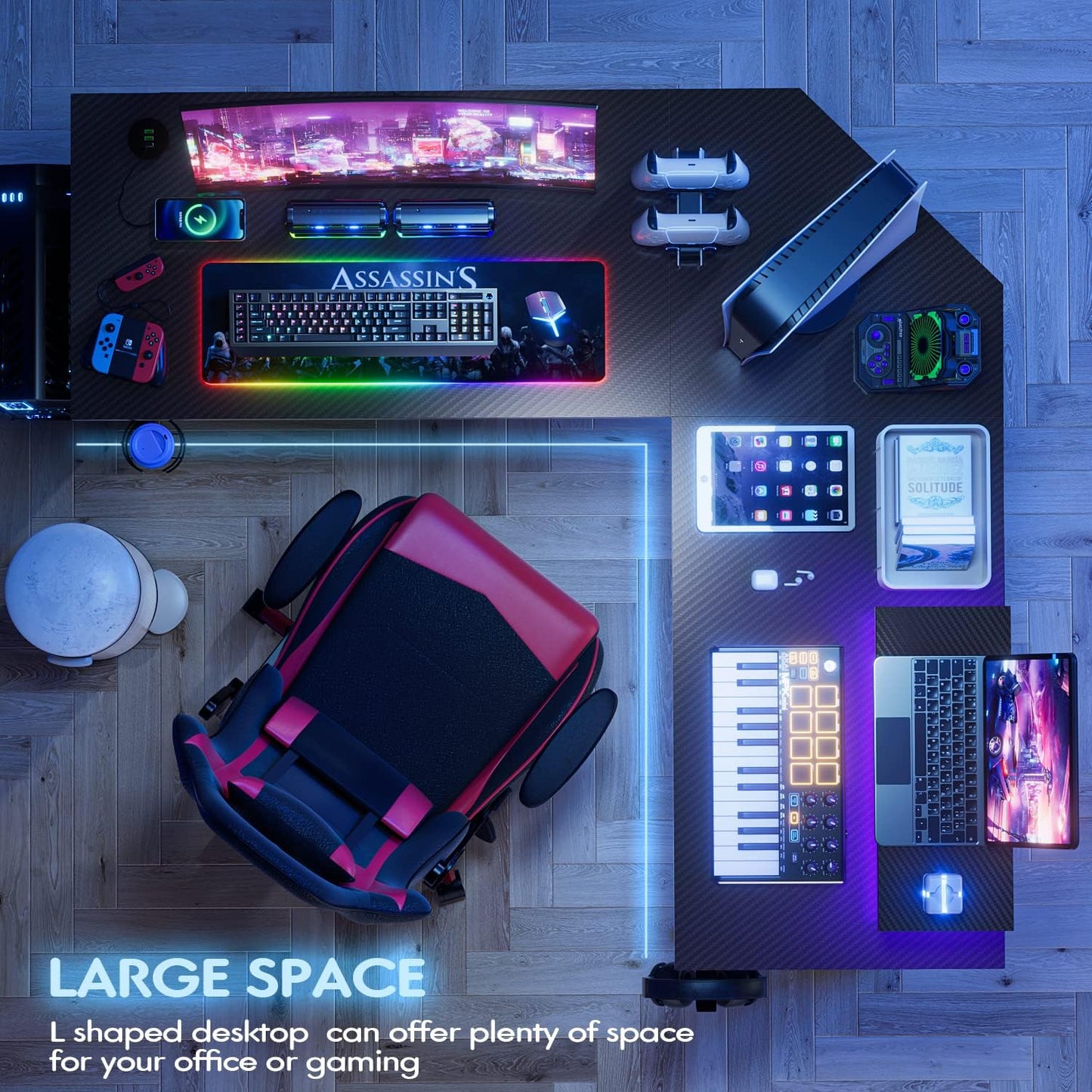 L Shaped Gaming Desk with LED Lights & Power Outlet, Fiber Surface Computer Table with Cup Holder & Headphone Hook, Black