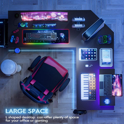 L Shaped Gaming Desk with LED Lights & Power Outlet, Fiber Surface Computer Table with Cup Holder & Headphone Hook, Black