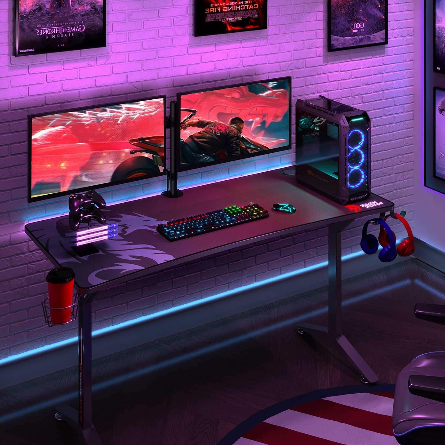 Gaming Desk 60INCH with Dual Monitor Mount, Carbon Fiber Surface Gamer Desk with Full Desk Mouse Pad, Ergonomic Y Shaped Gamer Table with Outlet Organizer, Gaming Rack